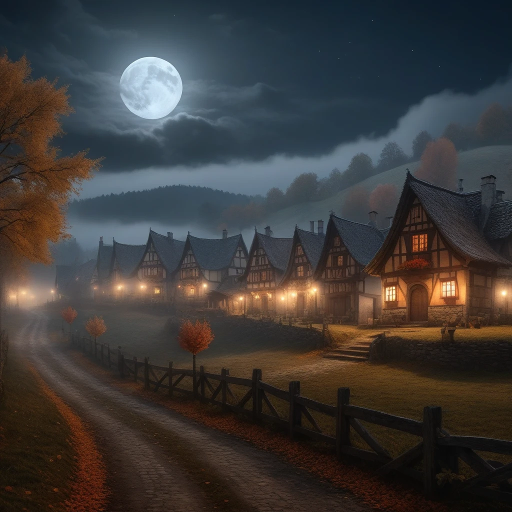 Barovian Village, autumn, [fog, [gloomy, night, full moon, masterpiece,  Details, 【8k, UHD, [Hall