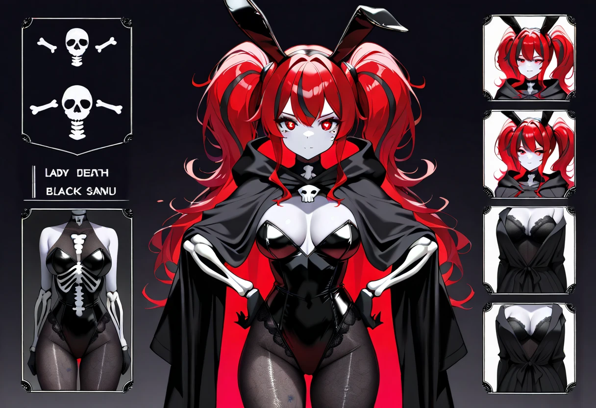 ((UHD, masterpiece, anatomically correct, textured skin, super detail, high details, best quality, highres icon, Detailed and precise manual expression:1.3,  Incredibly Absurd )), 1woman, lady death, black Bunny Girl Suit, Bones wrap around the breast, multicolored hair, red hair, twintails, mole under eye, mismatched pupils, Beautiful lace embroidered tights, Shabby black hooded robe, The River Sanzu