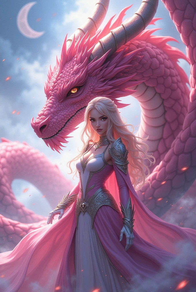 Woman, long wavy hair, pink hair, blue eyes, elf, near a dragon, dragon , Expression would be, using boots, 