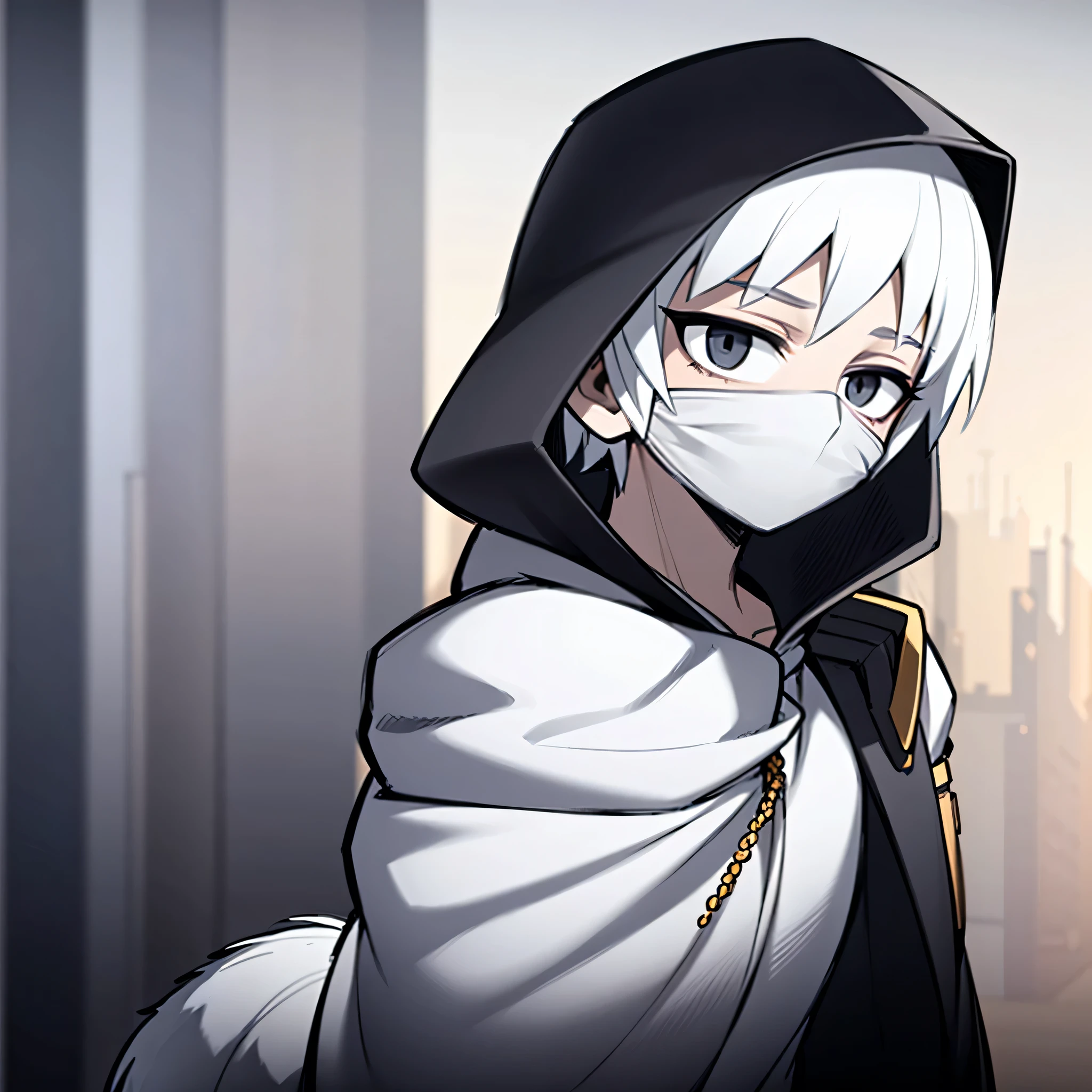 A boy wearing a hood covering his face, face not visible, wearing mask, furry hood, all-white clothes, very short hair, white hair, black eyes ((HOOD COVERING HEAD)), ((WEARING MASK COVERING HIS MOUTH))