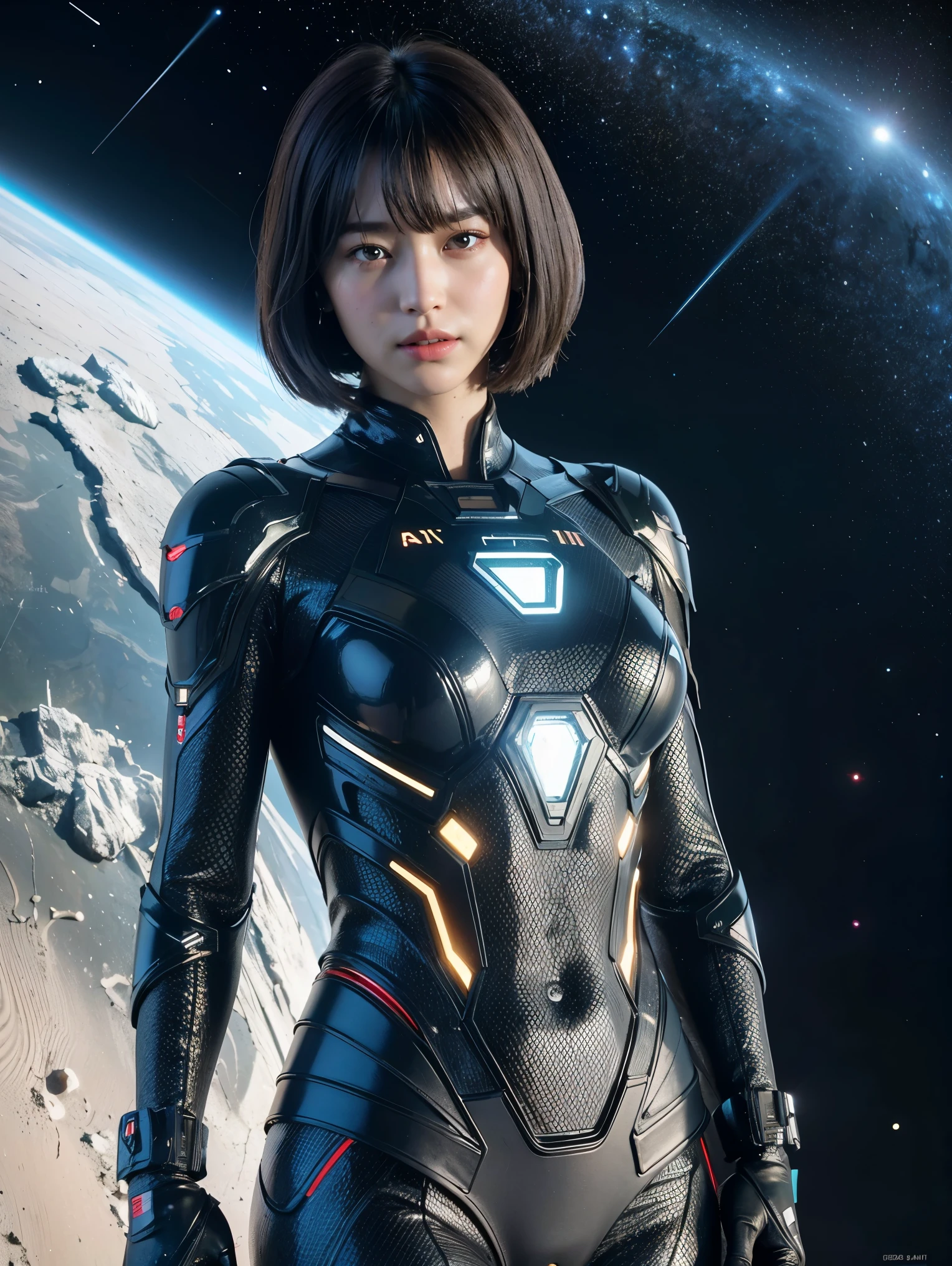 ( RAW photo, top quality ), ( realistic , Photorealistic:1.3), 1 girl, bob cut、 earrings for women with first name、smile、 realistic body,Old space costume、Ancient、Boulder 、Ancientの儀式、 A pyramid-shaped UFO is flying in from space、Laser light、