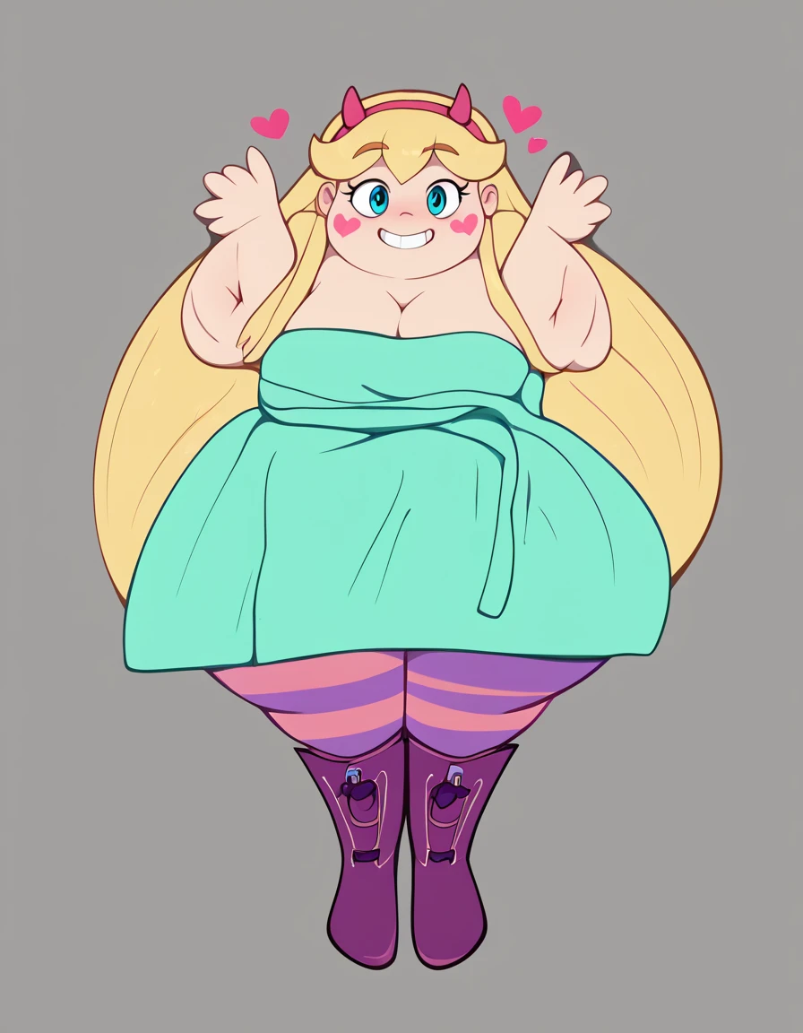 starbutterfly, 1girl, blonde hair, horned headwear, hairband, long hair, solo, teal dress, teeth,  heart, blue eyes, very long hair, style parody, smile,  boots, striped pantyhose, striped looking at viewer, cowboy shot, masterpiece,best quality,amazing quality,very aesthetic,absurdres,newest, looking at viewer, simple background,upper body, portrait, obese, blush, on back, paper thin, flattened girl, flattened, on floor, lying on floor, roll press, factory, rollers,(towel body:1.3)