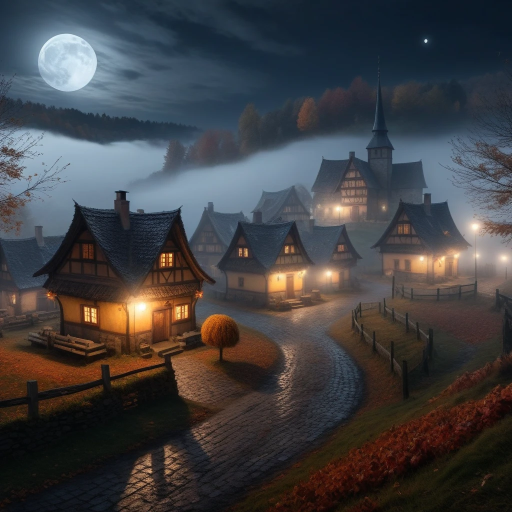 Barovian Village, autumn, [fog, [gloomy, night, full moon, masterpiece,  Details, 【8k, UHD, [Hall