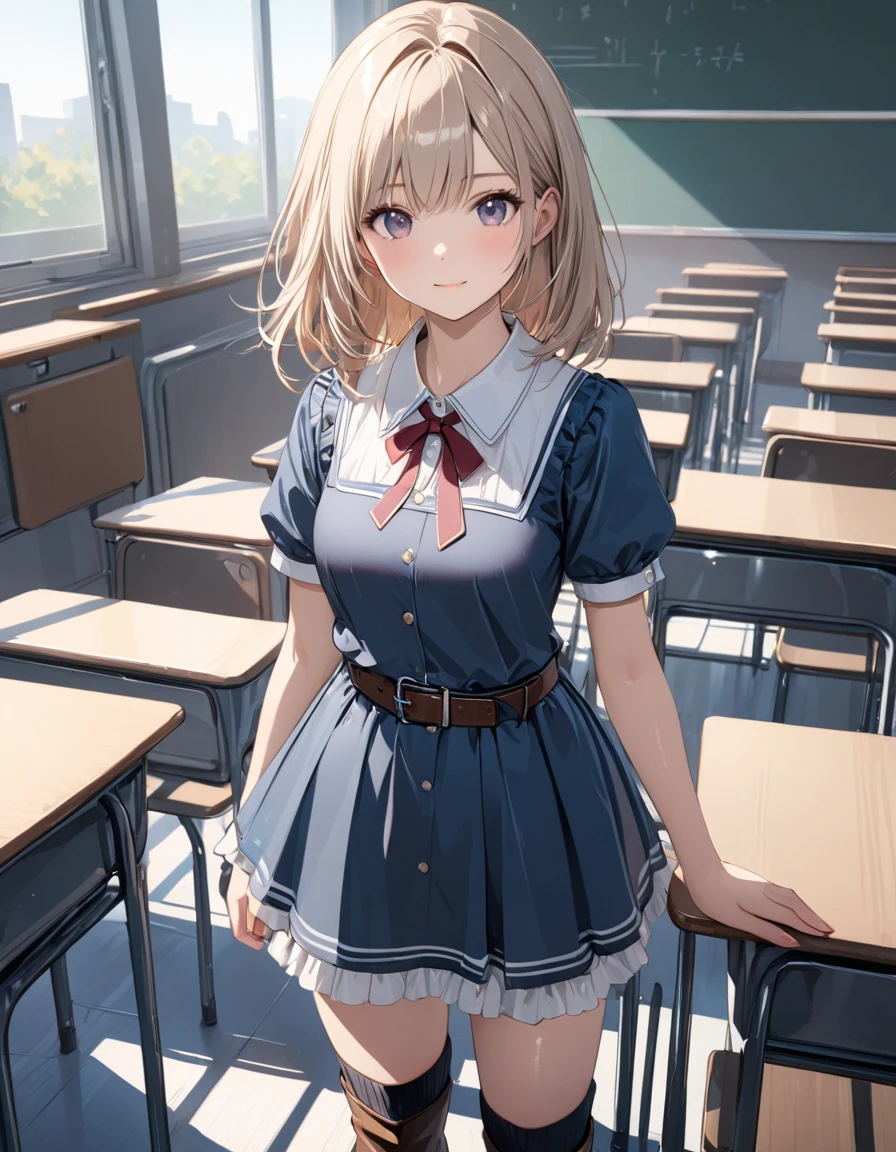 masterpiece, ultra detail, top quality ,8k, illustration, cute face, clean skin , shiny hair, girl ,simple background puff, m dress ,  boots, belt,((classroom))