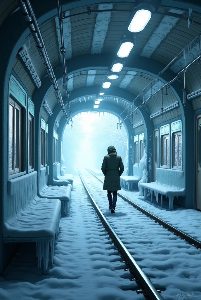   A detailed and realistic photo of a Frozen subway ,  he is walking on a track a magical place with lots of snow like the movie Frozen,    I want a perfect plush subway with glass windows and glass door ,  more realistic