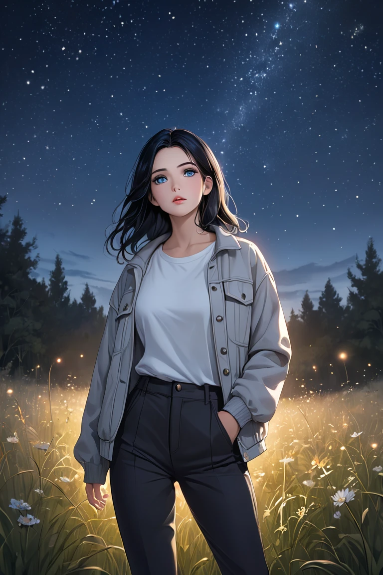 score_7_up,score_8_up,score_9,source anime,surper detail,1girl,white shirt,black denim pants,In a nighttime meadow, shooting stars continuously streak across the sky, creating a light show. The entire meadow is bathed in starlight, spreading breathtaking beauty. A moment of being captivated by the miracles of nature.