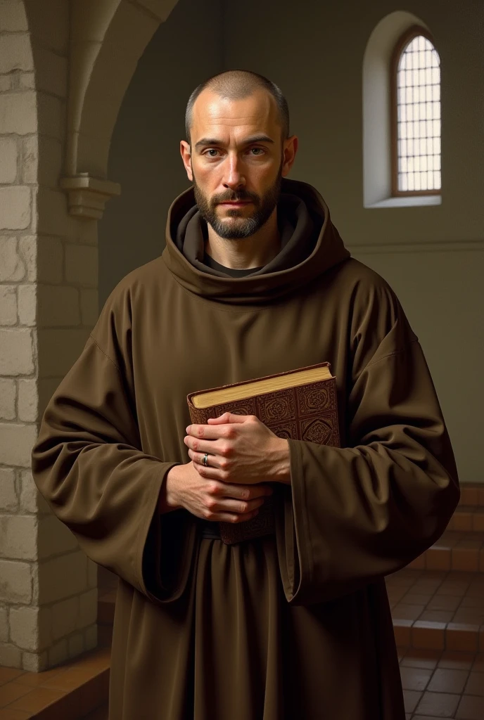 Create a monk of the roman Catholic Church, in a "light" gray robe attire. #Medieval #NoCross #Film #Age40