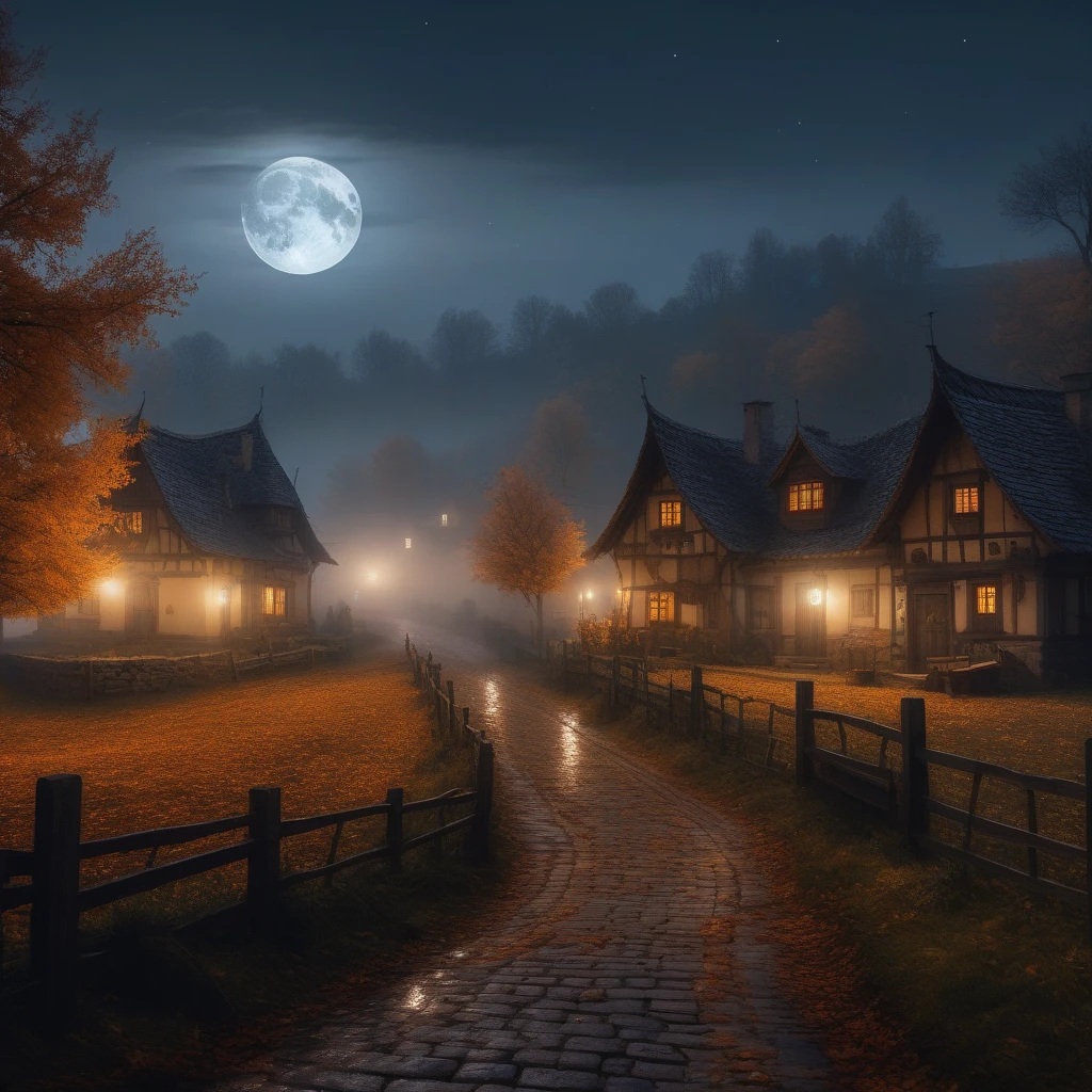 Barovian Village, autumn, [fog, [gloomy, night, full moon, masterpiece,  Details, 【8k, UHD, [Hall