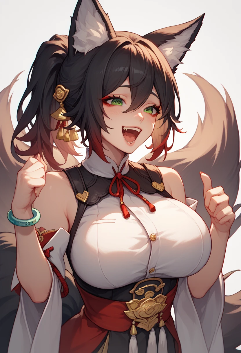 tingyun, black hair, fox girl, fox tail, fox, fox ears, green eyes, kitsune, large breasts, animal ears, ponytail,, bracelet, military uniform germany, whole body to see, smiled, excited, moans, long hair, sexy pose, huge breasts, very wide hips