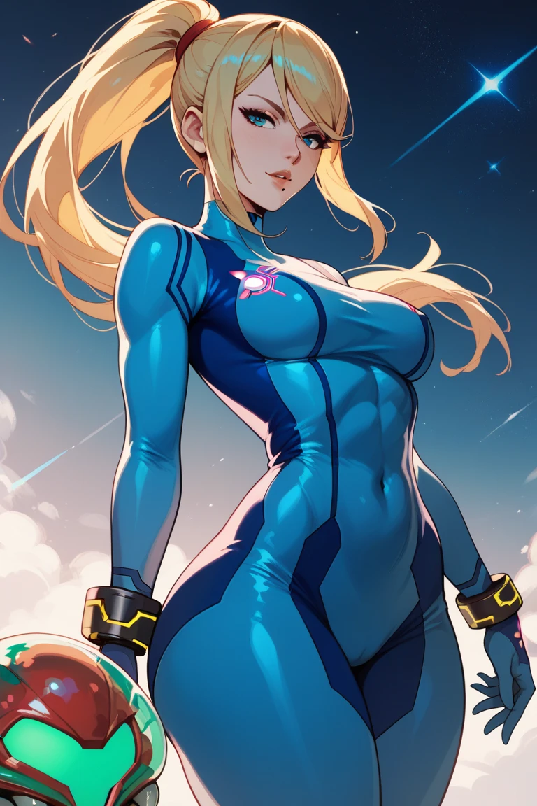 A sexy anime illustration by Samus Aran from the game Metroid, medium breasts ( Normal  ),  big ass,  thin waist and wide hips 