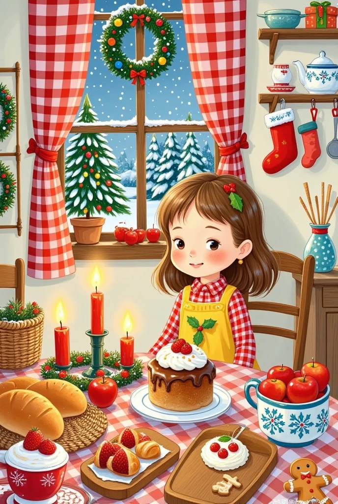 Christmas illustration  ，Plaid curtains  ， Bread hanging on the kitchen table   、cake、candle、Glass、Christmas tree、Gingerbread Man、  apples、tableware、 ， Hanging socks and Christmas wreaths on the wall。girl&#39;return。  lined with bread  "Jenny"