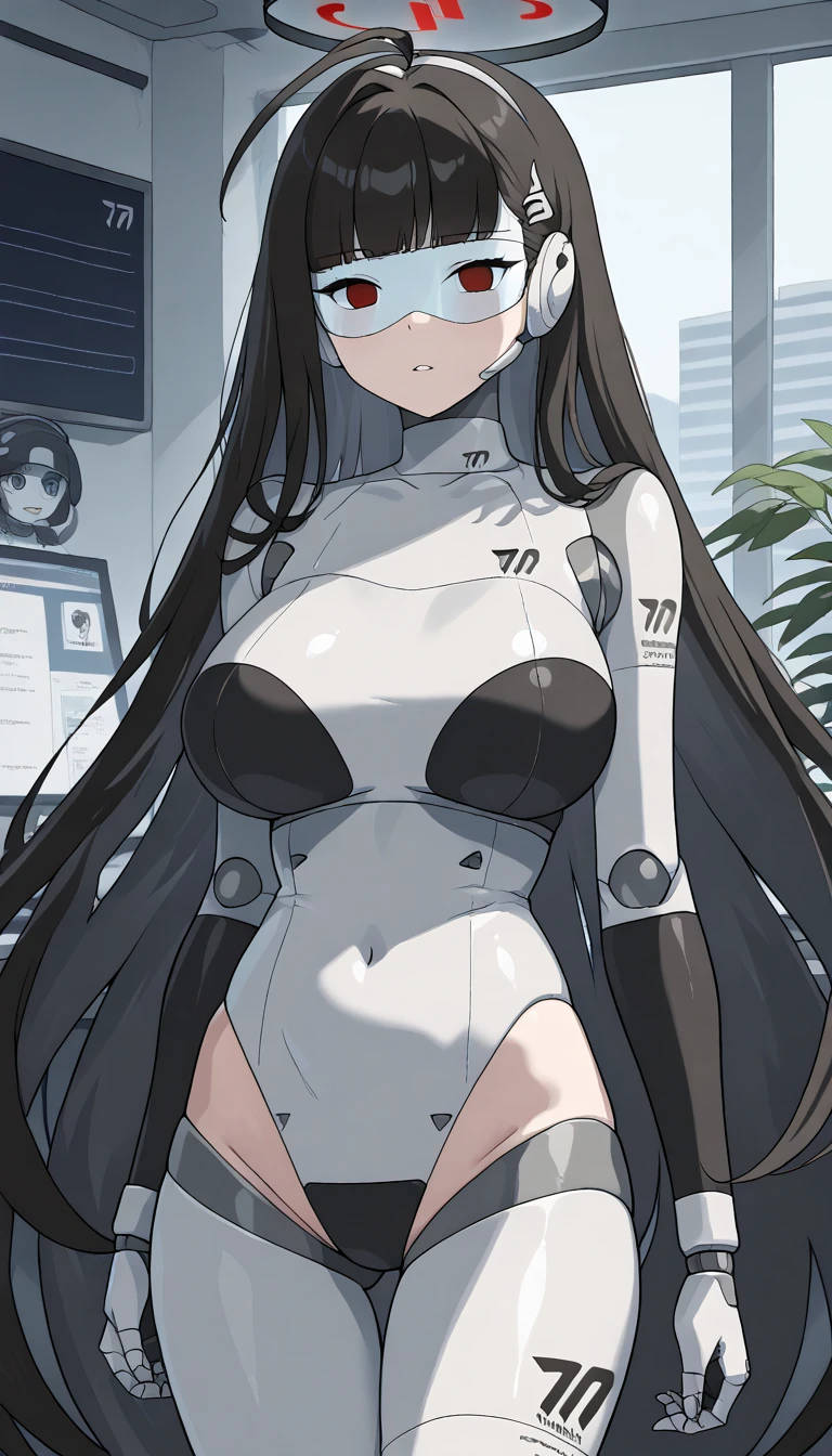 masterpiece, best quality, extremely detailed, (8K, 4K, Best Quality, hight resolution, 超A high resolution:1.1), ,8k portrait, Japaese android Girl,Plump , dark black leg cover,announcer,control panels,android,Droid,Mechanical Hand, Robot arms and legs, Black Robot Parts,Black long hair,Mechanical body,Blunt bangs,perfect mechanical abdomen,White robotics parts,perfect robot woman,future laboratory,cyber pank,charging spot,laboratory,long tube,thick cable connected her neck,white ceramic body ,perfect mechanical body, white robot body,lod antenna,mechanical ear cover,android,robot humanoid,black sponge joints,The removable cover is in the groin,The connection port is in the groin,opened chest panel,access panel on the chest,opened breast panel,perfect mechanical breast,perfect black machine body,perfect black android body,She has repaired,assembly plant,no human skin,visor,mistyrobot,rio(blue archive),robot joint,doll joint,empty eyes,malfunction