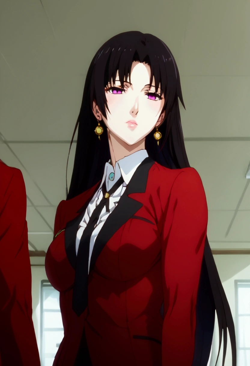 (1 girl,  anime style , anime 2d, detailed, realistic line,  good resolution ),  a beautiful high school girl with large breasts , (bust size 180 cm),  beautiful and well-defined body ,  fine winding,  long, straight hair with ends that curl out at the end with a length that reaches below the waist,  bluish black hair ,  with long fringes and locks on the front that reach the height of the breasts , ( beautiful and shiny hair ), with a bow on the back of the head ,  beautiful, rosy lips , (lábios bonitos e detaileds), fair and beautiful skin, pretty purple eyes , (olhos bonitos e detaileds),  and a red eyeliner around the eyes ,  wearing gold flower-shaped earrings ,  long black nails , rings on the fingers,  the character is wearing a traditional uniform with a white shirt with small stripes on the horizontal ,  and a red jacket with black buttons and a collar around the neck and a black tie with a brooch ,  and gray mini skirt with long black tights all ripped and heeled leather boots Tall long-haired black color , standing,  half-closed eyes looking at the spectator , posing,  the background will be an empty classroom at a school 
