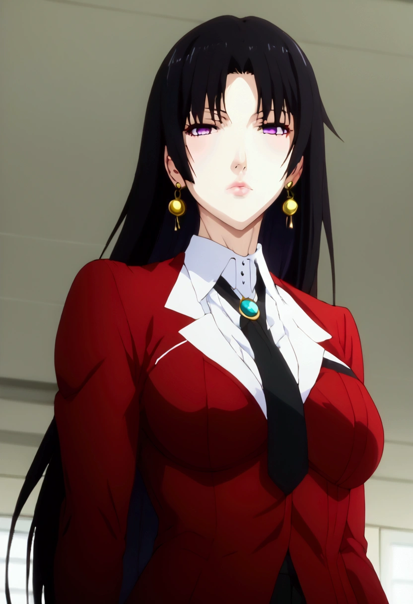 (1 girl,  anime style , anime 2d, detailed, realistic line,  good resolution ),  a beautiful high school girl with large breasts , (bust size 180 cm),  beautiful and well-defined body ,  fine winding,  long, straight hair with ends that curl out at the end with a length that reaches below the waist,  bluish black hair ,  with long fringes and locks on the front that reach the height of the breasts , ( beautiful and shiny hair ), with a bow on the back of the head ,  beautiful, rosy lips , (lábios bonitos e detaileds), fair and beautiful skin, pretty purple eyes , (olhos bonitos e detaileds),  and a red eyeliner around the eyes ,  wearing gold flower-shaped earrings ,  long black nails , rings on the fingers,  the character is wearing a traditional uniform with a white shirt with small stripes on the horizontal ,  and a red jacket with black buttons and a collar around the neck and a black tie with a brooch ,  and gray mini skirt with long black tights all ripped and heeled leather boots Tall long-haired black color , standing,  half-closed eyes looking at the spectator , posing,  the background will be an empty classroom at a school 
