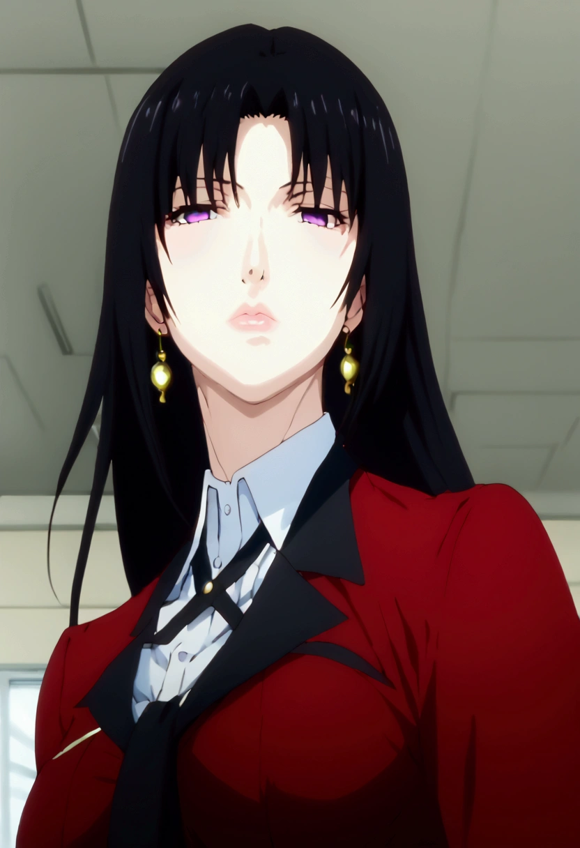 (1 girl,  anime style , anime 2d, detailed, realistic line,  good resolution ),  a beautiful high school girl with large breasts , (bust size 180 cm),  beautiful and well-defined body ,  fine winding,  long, straight hair with ends that curl out at the end with a length that reaches below the waist,  bluish black hair ,  with long fringes and locks on the front that reach the height of the breasts , ( beautiful and shiny hair ), with a bow on the back of the head ,  beautiful, rosy lips , (lábios bonitos e detaileds), fair and beautiful skin, pretty purple eyes , (olhos bonitos e detaileds),  and a red eyeliner around the eyes ,  wearing gold flower-shaped earrings ,  long black nails , rings on the fingers,  the character is wearing a traditional uniform with a white shirt with small stripes on the horizontal ,  and a red jacket with black buttons and a collar around the neck and a black tie with a brooch ,  and gray mini skirt with long black tights all ripped and heeled leather boots Tall long-haired black color , standing,  half-closed eyes looking at the spectator , posing,  the background will be an empty classroom at a school 
