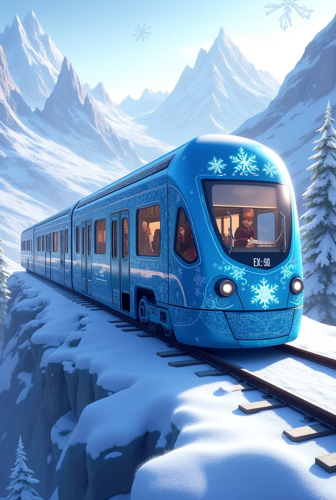    A detailed and realistic photo of a train from Frozen ,  he is walking on a track a magical place with lots of snow like the movie Frozen,    I want a train with a plush blue cover perfect with glass windows and glass door,  but realistic with a lot of details from Frozen ,  symbols