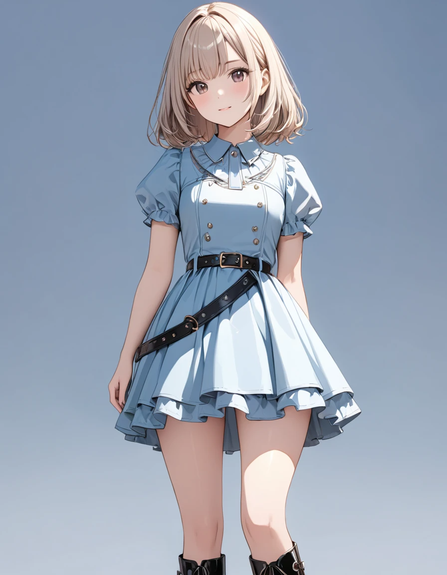 masterpiece, ultra detail, top quality ,8k, illustration, cute face, clean skin , shiny hair, girl ,simple background puff, m dress ,  short dress,  boots, belt