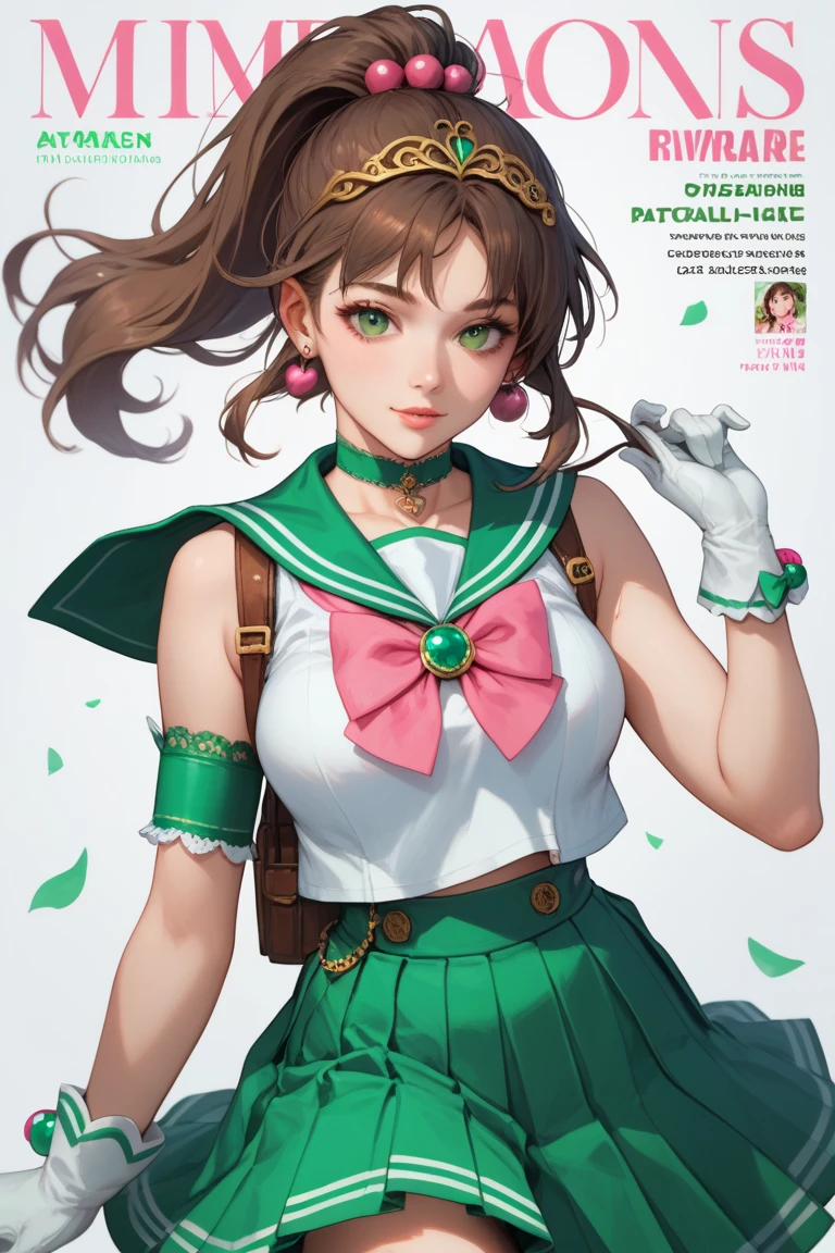  magazine cover ,1girl,Alone,earrings, circlet, choker, white shirt, sleeveless, green sailor collar, white leotard, pink bowtie, brooch, green skirt, pleated skirt, white gloves, green elbow gloves, brown hair,green eyes, hair bobbles, hair ornament, medium hair, ponytail, 