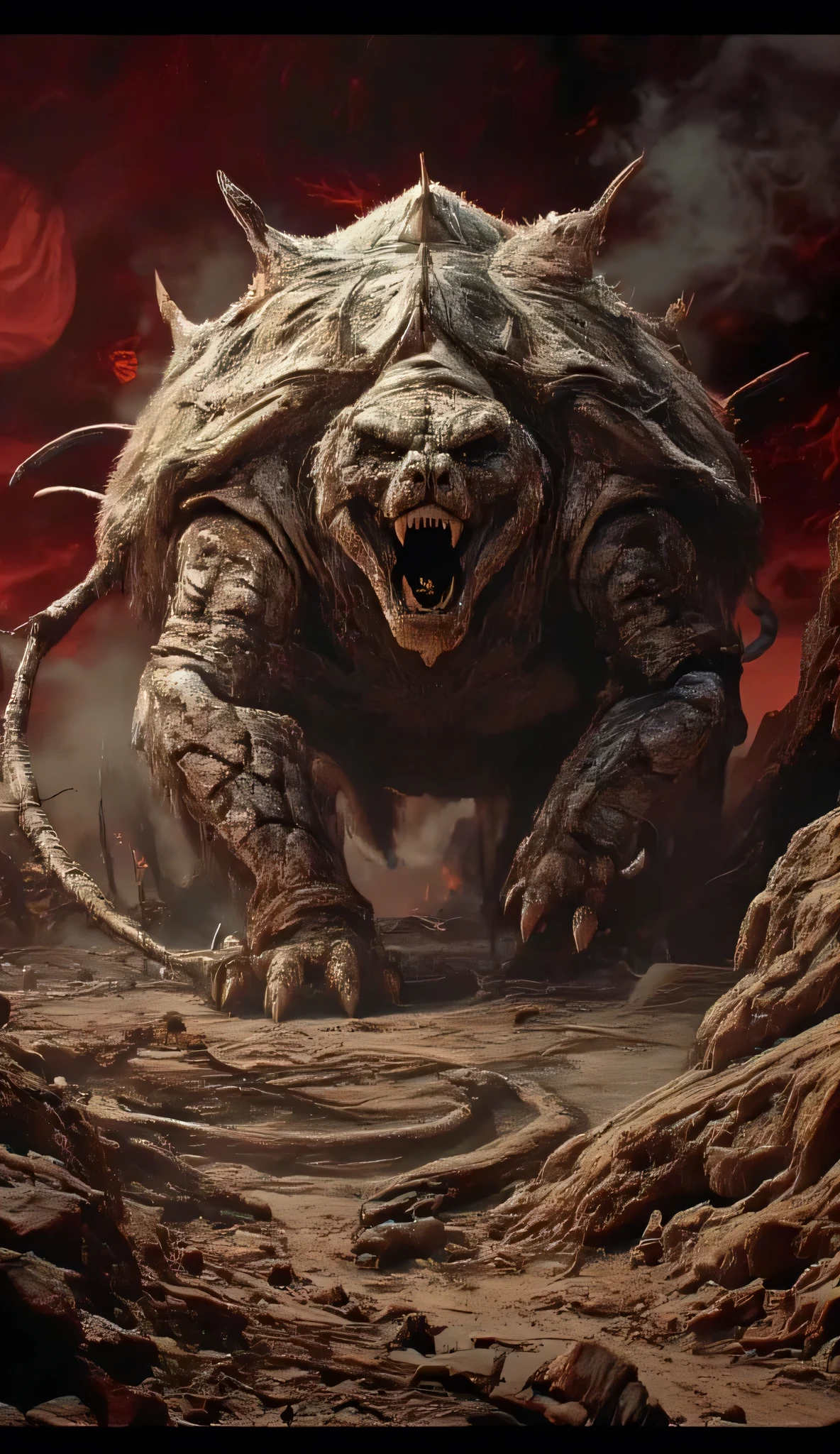 Horror scenes, Outlast, silent hill atmosphere. A white tiger-giant tortoise hybrid stood in the middle of a rocky desert under a blood-red sunset. Its large body is covered in thick fur with patches of an armored turtle exoskeleton. It has legs like a turtle's shell with sharp claws jutting out from the sides, and a segmented tail that ends in a curved venomous stinger on its back. Dust swirls around it as it rises above the rocky terrain, combining the presence of both terrifying creatures, (Ultra-realistic, 32k, Masterpiece, High Quality, Detailed Realistic Backgrounds, Official Artwork, Realistic Lighting, film stills, film grain, reversal film photography) , Mysterious