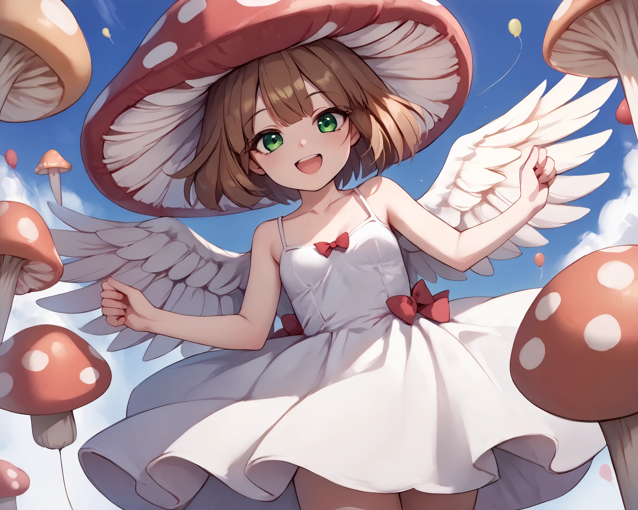 score_9_up, score_8_up, score_7_up, 1girl, solo, source_anime, zzMushroomGirl BREAK 

Short hair, brown hair BREAK mushroom hat, monster girl, green eyes, red hat with white polka dots BREAK small breasts BREAK 

White dress, angel wings, feathered wings BREAK 

Standing, looking at viewer, smile, open mouth BREAK 

Outdoors, balloons, background sky, winds, blue sky BREAK 