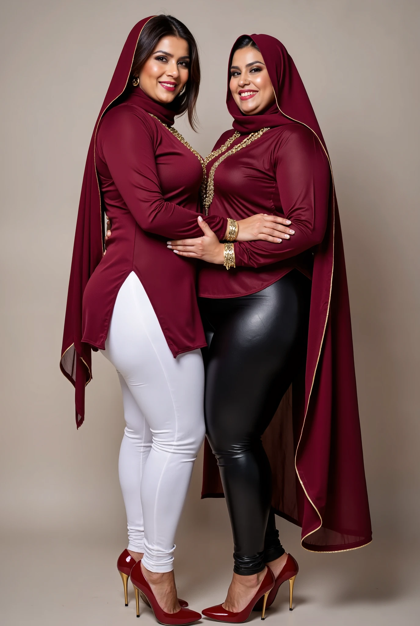 I am 40 year old plus size tall and big giant indian muslim women, looking like indian actress hansika motwani, wearing a maroon kurti and shining reflective glossy white leggings and red hijab,white-skin,white skin tone, beautiful face, red lips, clean skin, celebrity face, thick leggs, round ass,bulging ass,huge breast, i am hugging a 20 black boy wearing underwear only with another 40 plus size tall and big giant indian wife, looking like indian actress anushka shetty, wearing shining reflective glossy black leggings and rose kurti, white skin tone, beautiful face, red lips, clean skin, celebrity face, thick leggs, round ass,bulging ass,huge breast,all indian ornaments like ,gold chain,gold necklace,gold ear ring with chain connect with nose ,nose stud ,auspicious thread in Necklace, Armlet, bangles,red sindur on head,women standing looking the viewer,both women have huge bulging assand wide hips,smiling happy face,red and gold stileto heels,looking straight to camera, realistic photo, looking straight to camera,full body image,wide angle shot in camera, realistic photo,side view of women,both women hugging a 20 year old black boy,side view of women,