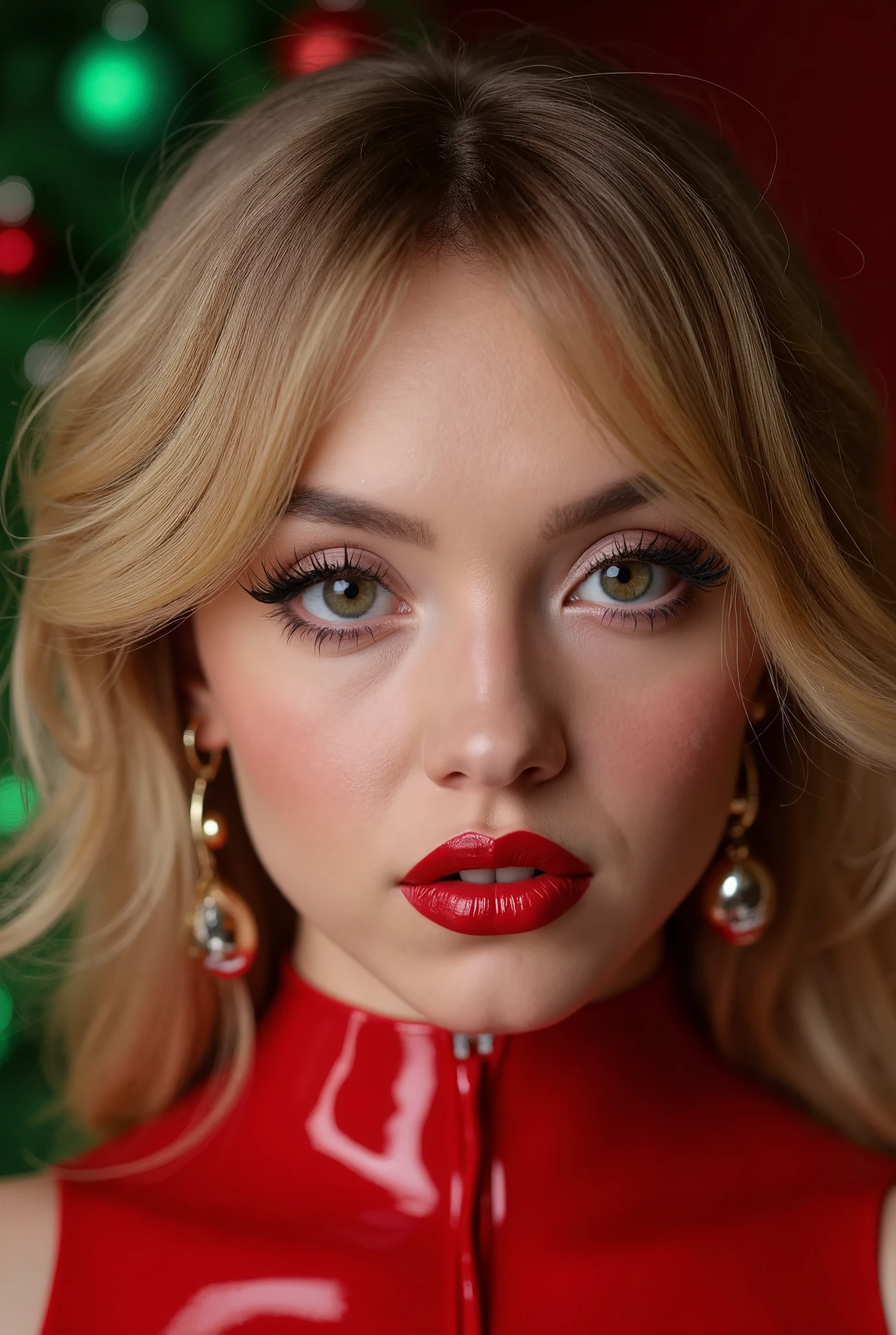 beautiful detailed eyes, beautiful detailed lips, extremely detailed eyes and face, long eyelashes, 1girl, red lips, red lip gloss, eyeliner flicks, bright blonde hair, sexy latex christmas outfit, red and green christmas outfit, christmas themed, hyper realistic, 8k, best quality, masterpiece, ultra detailed, photorealistic, vibrant colors, dramatic lighting