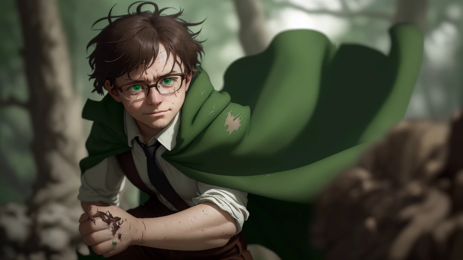 Boy、brown shorts、big round glasses、adventurer、teenager、、、head down、langry、smile、despondency、betrayal、chill、hurt、make up for、forgive、rounded glasses、green cape、full body、brown coat、white shirt、green tie、brown shorts、black boots、dynamic pose、1 person、splash art、exterior background、natural lighting、moody atmosphere、forest environment、realistic proportions、messy hair、subtle tear streaks、soft facial shadows、slightly flushed cheeks、visible emotion、conflicted expression、like features、fine texture on clothing、movement in the cape、dusty boots、intricate detailing on fabric、slight wind effect、focused composition、rich color depth、high contrast shading、detailed foliage backdrop、emotive storytelling pose、immersive perspective、slight tilt in head、downtrodden gaze、small hands、ish innocence. green cape, rich dark green fabric, slightly worn with frayed edges, tattered in places, flowing dramatically in the wind, draped over the shoulders, deep green shade, natural folds and creases, subtle light reflecting off the fabric, heavily textured fabric with slight distressed marks, slightly faded in some areas, vibrant green base color, shading near the edges, green hue consistent with natural lighting, creases showing movement, worn and weathered look, shadowing under the cape for added depth, natural fabric texture visible, ruffled and loose in motion, green tones blending with atmospheric lighting.  Soft but determined eyes, slightly glassy with visible tear streaks that reflect ambient light.
Flushed cheeks add warmth and contrast against the otherwise somber palette.
Subtle highlights on the messy hair to frame the face naturally, catching the light from above.
Slight upward curve on the lips to suggest hope or resolution beneath sadness.
Fine texture on the glasses’ frame, reflecting light softly, drawing attention to the eyes.
Gentle lighting on the forehead and cheeks, creating a soft gradient and enhancing the emotive storytelling.