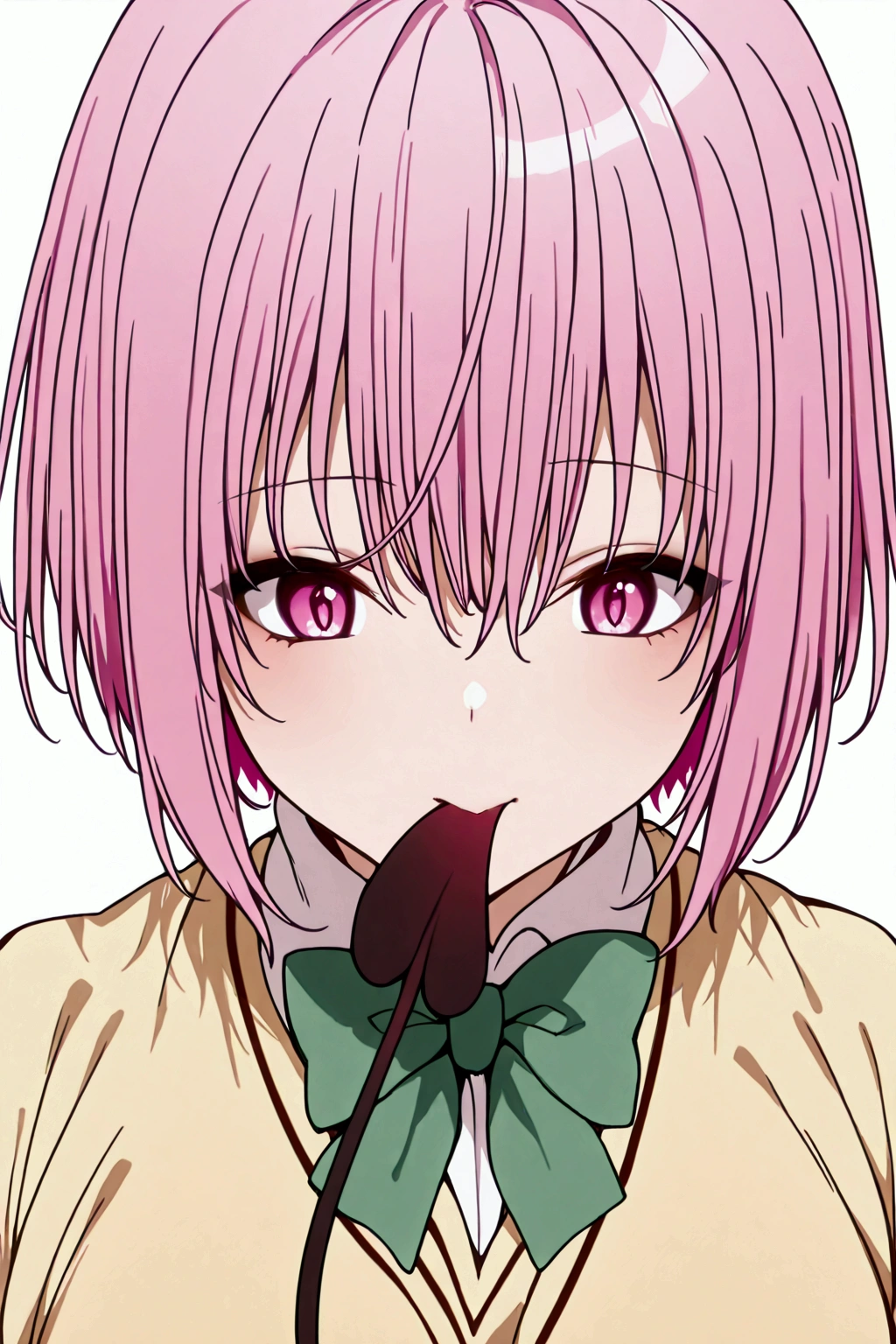 girl, Momo from To love ru, pink hair, bob haircut, pink eyes,yellow cardinal, school uniform from to love ru, momo demon tail, momos tail, perfect breast, biting her one tail, close up, dynamic perspective, simple background,,perfect scene , Masterpiece, score 9, anime colors, AMERICAN SHOT, beautiful, composition, HARMONY, high quality. 