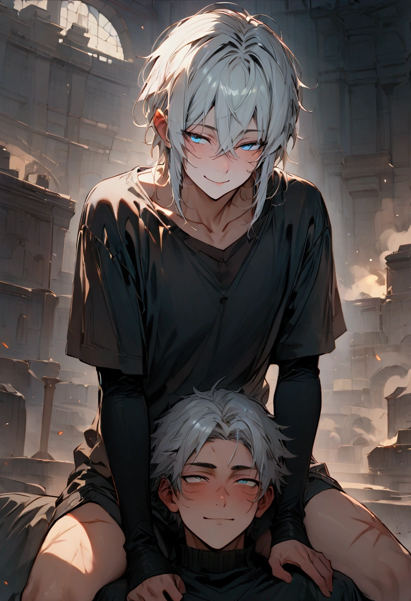 ((( masterpiece)), (( best quality)), A white-haired boy , Left eyes blue and and the right eyes red,  some minor scars and a mischievous smile, white shirt with a black sweater on top 