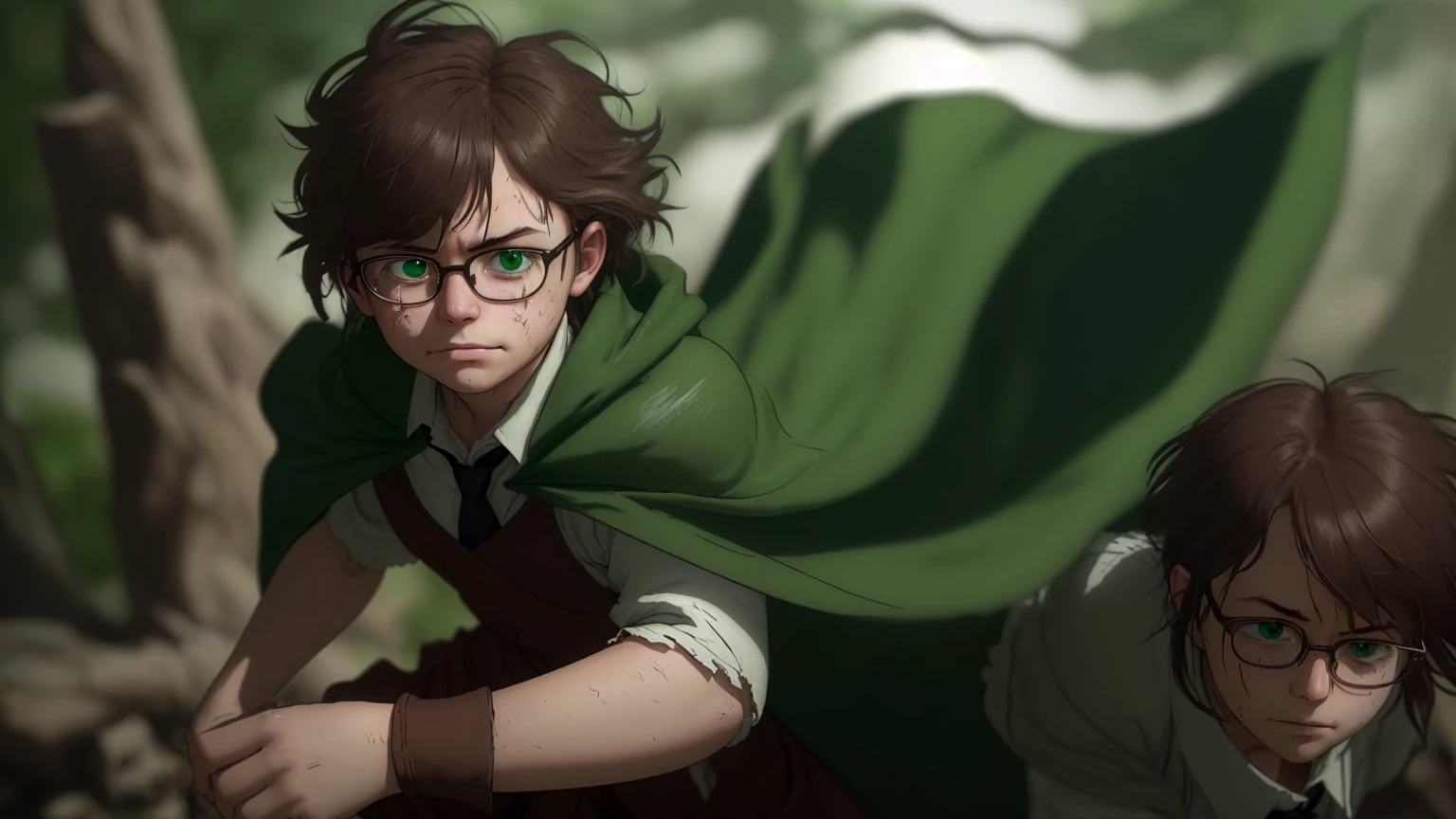 Boy、brown shorts、big round glasses、adventurer、teenager、、、head down、langry、smile、despondency、betrayal、chill、hurt、make up for、forgive、rounded glasses、green cape、full body、brown coat、white shirt、green tie、brown shorts、black boots、dynamic pose、1 person、splash art、exterior background、natural lighting、moody atmosphere、forest environment、realistic proportions、messy hair、subtle tear streaks、soft facial shadows、slightly flushed cheeks、visible emotion、conflicted expression、like features、fine texture on clothing、movement in the cape、dusty boots、intricate detailing on fabric、slight wind effect、focused composition、rich color depth、high contrast shading、detailed foliage backdrop、emotive storytelling pose、immersive perspective、slight tilt in head、downtrodden gaze、small hands、ish innocence. green cape, rich dark green fabric, slightly worn with frayed edges, tattered in places, flowing dramatically in the wind, draped over the shoulders, deep green shade, natural folds and creases, subtle light reflecting off the fabric, heavily textured fabric with slight distressed marks, slightly faded in some areas, vibrant green base color, shading near the edges, green hue consistent with natural lighting, creases showing movement, worn and weathered look, shadowing under the cape for added depth, natural fabric texture visible, ruffled and loose in motion, green tones blending with atmospheric lighting.  Soft but determined eyes, slightly glassy with visible tear streaks that reflect ambient light.
Flushed cheeks add warmth and contrast against theFlushed cheeks add warmth and contrast against the otherwise somber palette.
Subtle highlights on the messy hair to frame the face naturally, catching the light from above.
Slight upward curve on the lips to suggest hope or resolution beneath sadness.
Fine texture on the glasses’ frame, reflecting light softly, drawing attention to the eyes.
Gentle lighting on the forehead and cheeks, creating a soft gradient and enhancing the emotive storytelling.