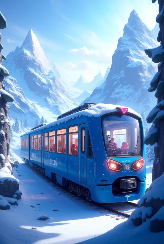    A detailed and realistic photo of a train from Frozen ,  he is walking on a track a magical place with lots of snow like the movie Frozen,    I want a train with a blue plush coating perfect with glass windows and glass door,  but realistic with many details from Frozen 