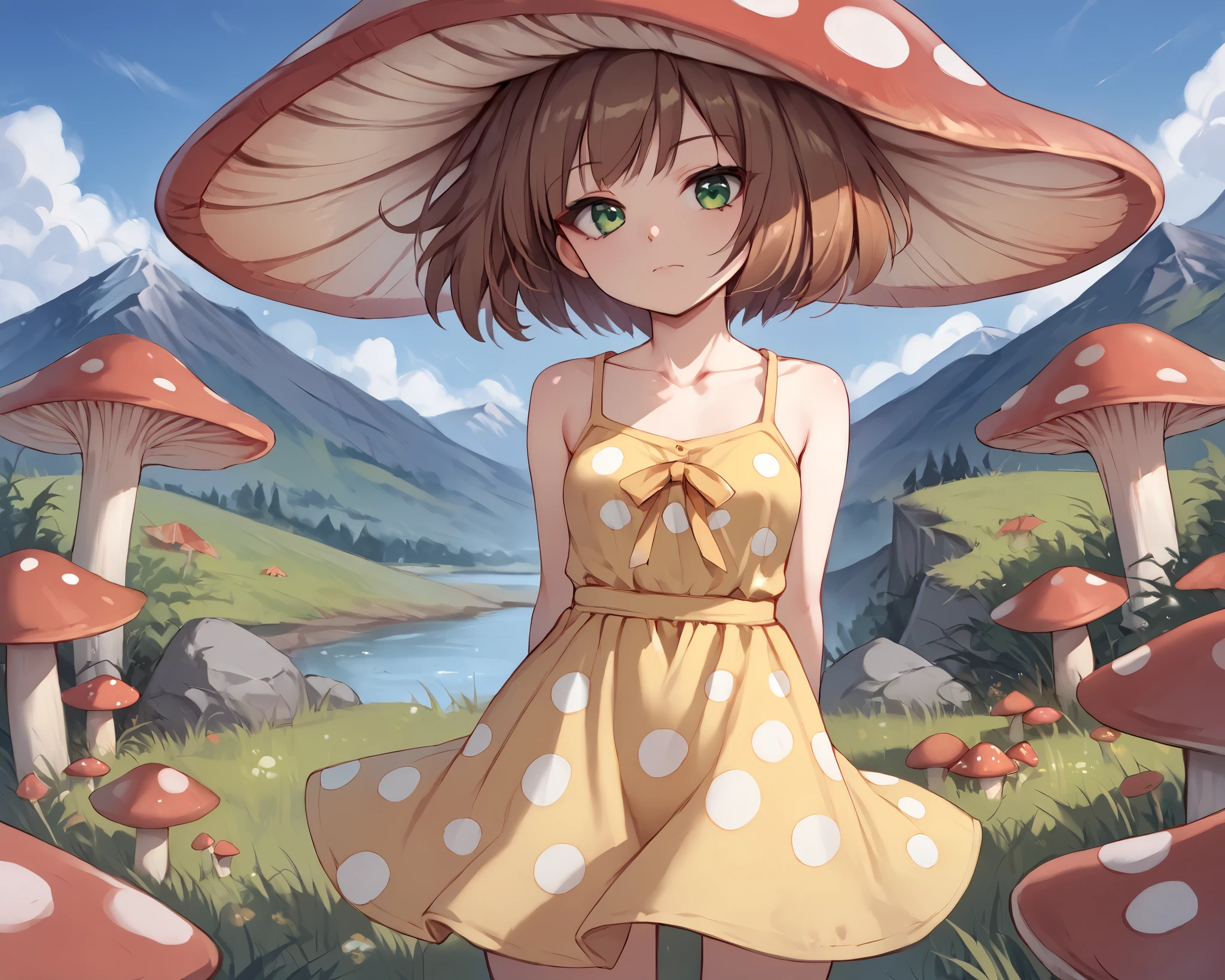 score_9_up, score_8_up, score_7_up, 1girl, solo, source_anime, zzMushroomGirl BREAK 

Short hair, brown hair BREAK red mushroom hat, monster girl, green eyes, red hat with white polka dots BREAK small breasts BREAK 

yellow sundress, bare shoulders, sleeveless, collarbone BREAK 

Standing, looking at viewer, hand behind back, closed mouth BREAK 

Outdoors, grass, mountains, rocks, blue sky BREAK 