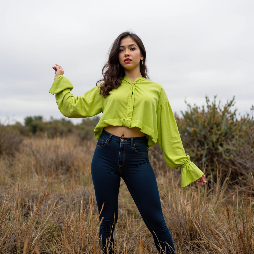 "Ultra-realistic photograph of a 19-year-old girl standing gracefully in a field of tall, dry grass, striking a confident pose with one arm extended upward and the other out to the side. She is wearing a vibrant yellow-green long-sleeved blouse with visible fabric texture and tight, dark blue jeans that contour her athletic build, highlighting her strong, thick legs. The surrounding field includes a mix of natural vegetation, with bushes and a large cactus-like plant adding visual contrast. The overcast sky above casts a soft, diffused light over the scene, creating gentle shadows and a melancholic, serene atmosphere. The earthy tones of the grass and plants contrast subtly with her bright outfit, making her the central focus in this natural, dynamic setting. Fine details, such as the texture of the grass, the stitching on her jeans, and the natural tones of her skin and hair, add depth and realism to the composition."