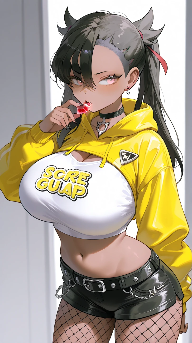 masterpiece,  top quality ,  1 girl,   Slender Body , (huge breasts),  Dark Skin, ((( thin thighs ))), Marnie, choker , Chica Gal , gem,In white, 2 Long Rows ,Deep pink eyes, hair between eyes  ,  the cowboy shot,  standing, ( estimated ), ( open your mouth), ( Golden Short Jacket), ( crop top), ( Black Hot Pants ),Tight clothing, leather belt , Cropped Hoodie , fishnet tights,moda gyaru , ,Long ears, whole body,Navel Earrings ,