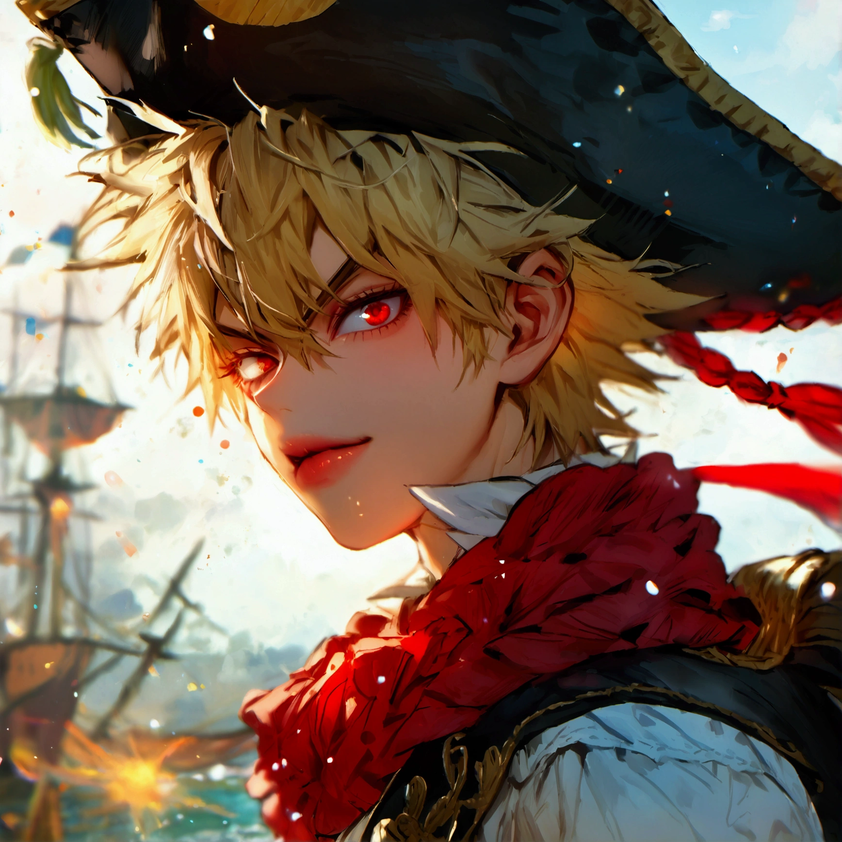 Katsuki Bakugo as a pirate Captain, katsuki Bakugo, Pirate, blonde hair, red eyes
High Resolution, Detail, HD, High Quality, 