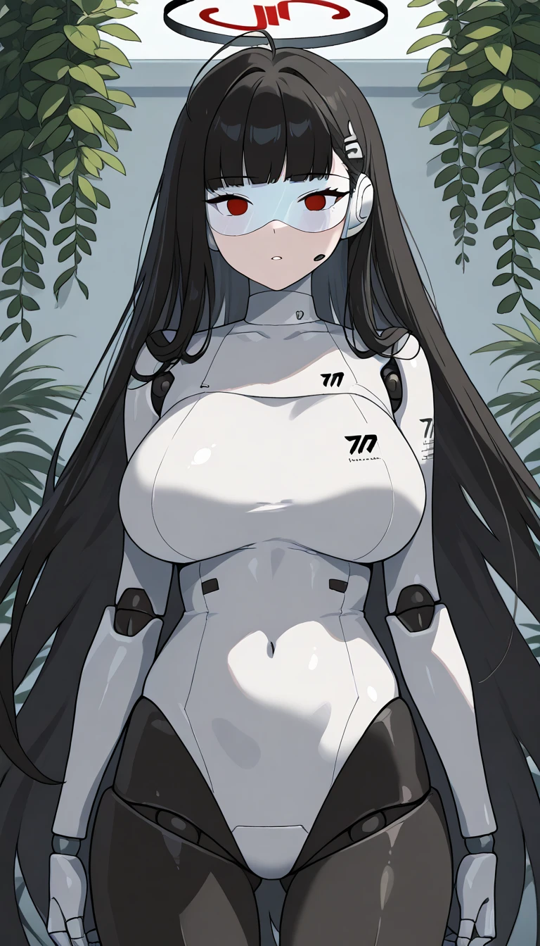 masterpiece, best quality, extremely detailed, (8K, 4K, Best Quality, hight resolution, 超A high resolution:1.1), ,8k portrait, Japaese android Girl,Plump , dark black leg cover,announcer,control panels,android,Droid,Mechanical Hand, Robot arms and legs, Black Robot Parts,Black long hair,Mechanical body,Blunt bangs,perfect mechanical abdomen,White robotics parts,perfect robot woman,future laboratory,cyber pank,charging spot,laboratory,long tube,thick cable connected her neck,white ceramic body ,perfect mechanical body, white robot body,lod antenna,mechanical ear cover,android,robot humanoid,black sponge joints,The removable cover is in the groin,The connection port is in the groin,opened chest panel,access panel on the chest,opened breast panel,perfect mechanical breast,perfect black machine body,perfect black android body,She has repaired,assembly plant,no human skin,visor,mistyrobot,rio(blue archive),robot joint,doll joint,empty eyes,malfunction