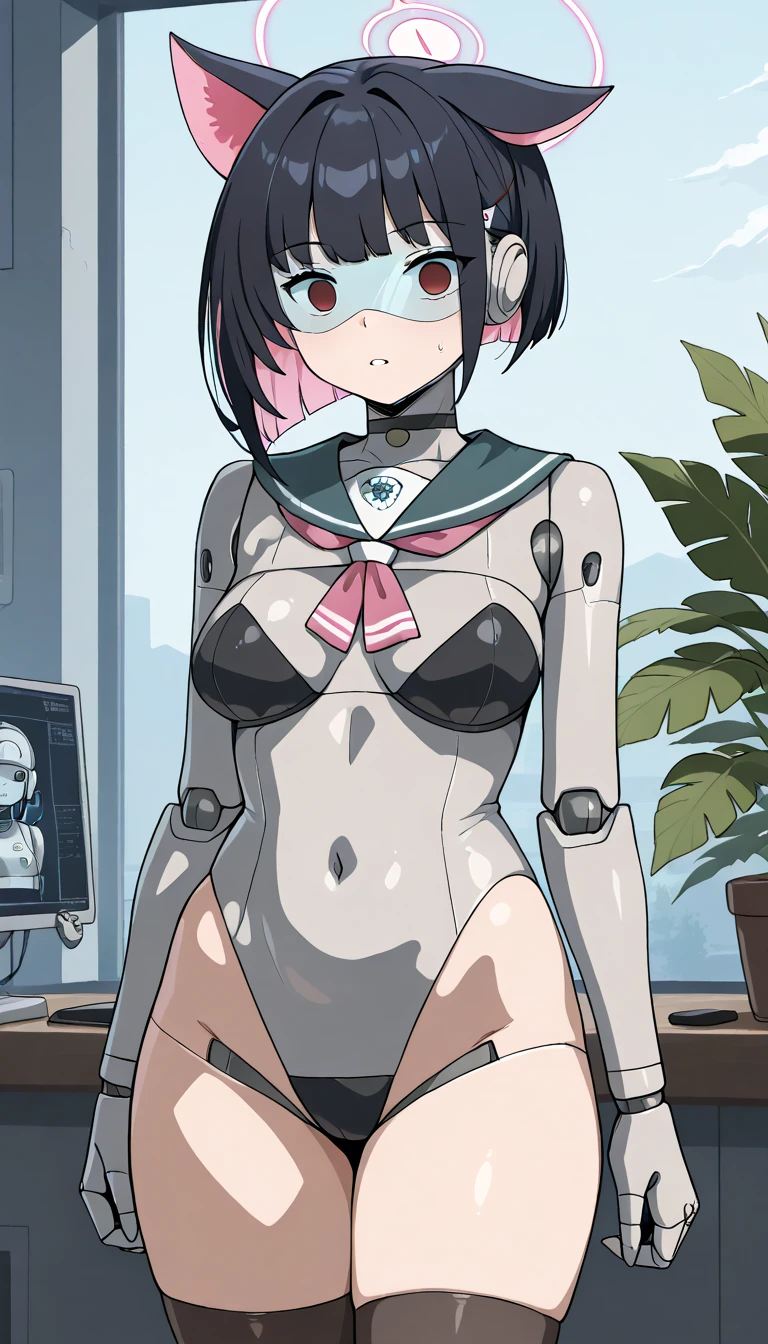 masterpiece, best quality, extremely detailed, (8K, 4K, Best Quality, hight resolution, 超A high resolution:1.1), ,8k portrait, Japaese android Girl,Plump , dark black leg cover,announcer,control panels,android,Droid,Mechanical Hand, Robot arms and legs, Black Robot Parts,Black long hair,Mechanical body,Blunt bangs,perfect mechanical abdomen,White robotics parts,perfect robot woman,future laboratory,cyber pank,charging spot,laboratory,long tube,thick cable connected her neck,white ceramic body ,perfect mechanical body, white robot body,lod antenna,mechanical ear cover,android,robot humanoid,black sponge joints,The removable cover is in the groin,The connection port is in the groin,opened chest panel,access panel on the chest,opened breast panel,perfect mechanical breast,perfect black machine body,perfect black android body,She has repaired,assembly plant,no human skin,visor,mistyrobot,kazusa(blue archive),robot joint,doll joint,malfunction,empty eyes,school uniform