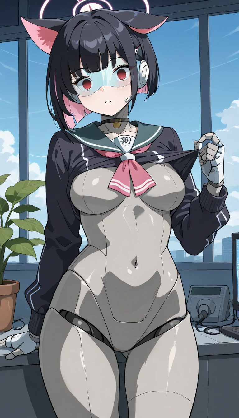 masterpiece, best quality, extremely detailed, (8K, 4K, Best Quality, hight resolution, 超A high resolution:1.1), ,8k portrait, Japaese android Girl,Plump , dark black leg cover,announcer,control panels,android,Droid,Mechanical Hand, Robot arms and legs, Black Robot Parts,Black long hair,Mechanical body,Blunt bangs,perfect mechanical abdomen,White robotics parts,perfect robot woman,future laboratory,cyber pank,charging spot,laboratory,long tube,thick cable connected her neck,white ceramic body ,perfect mechanical body, white robot body,lod antenna,mechanical ear cover,android,robot humanoid,black sponge joints,The removable cover is in the groin,The connection port is in the groin,opened chest panel,access panel on the chest,opened breast panel,perfect mechanical breast,perfect black machine body,perfect black android body,She has repaired,assembly plant,no human skin,visor,mistyrobot,kazusa(blue archive),robot joint,doll joint,malfunction,empty eyes,school uniform