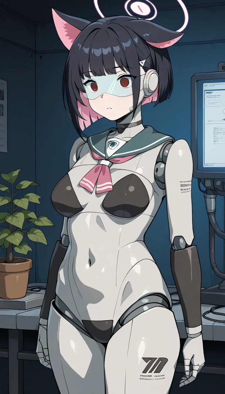 masterpiece, best quality, extremely detailed, (8K, 4K, Best Quality, hight resolution, 超A high resolution:1.1), ,8k portrait, Japaese android Girl,Plump , dark black leg cover,announcer,control panels,android,Droid,Mechanical Hand, Robot arms and legs, Black Robot Parts,Black long hair,Mechanical body,Blunt bangs,perfect mechanical abdomen,White robotics parts,perfect robot woman,future laboratory,cyber pank,charging spot,laboratory,long tube,thick cable connected her neck,white ceramic body ,perfect mechanical body, white robot body,lod antenna,mechanical ear cover,android,robot humanoid,black sponge joints,The removable cover is in the groin,The connection port is in the groin,opened chest panel,access panel on the chest,opened breast panel,perfect mechanical breast,perfect black machine body,perfect black android body,She has repaired,assembly plant,no human skin,visor,mistyrobot,kazusa(blue archive),robot joint,doll joint,malfunction,empty eyes,school uniform