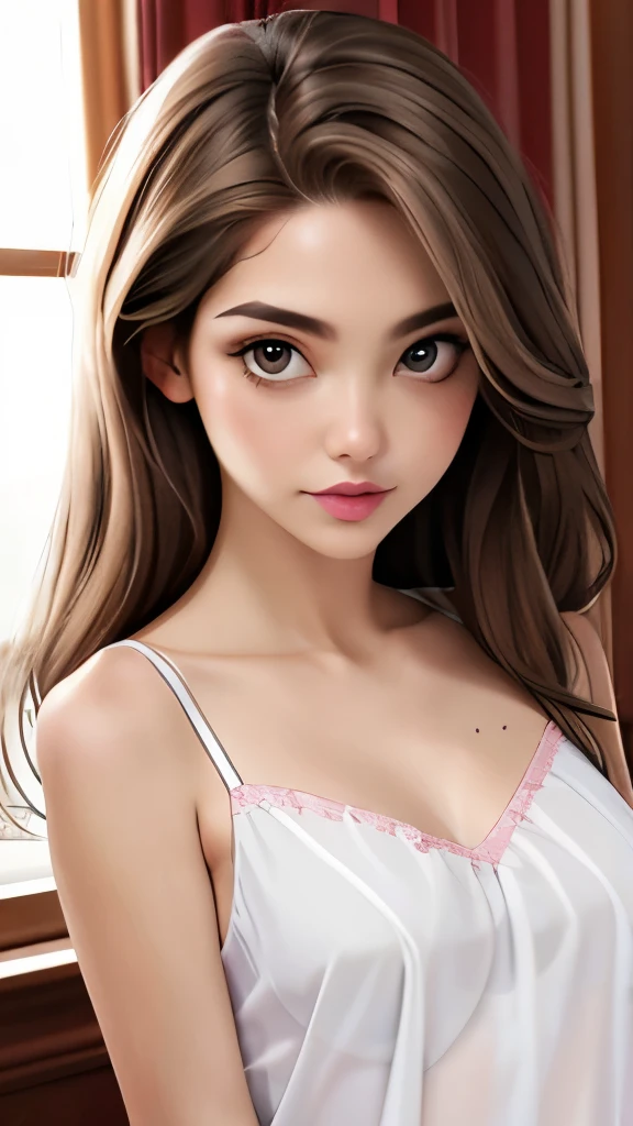 Girl, long light brown hair, gray eyes, cold features, white skin, pink lips, sheer dress and camisole.