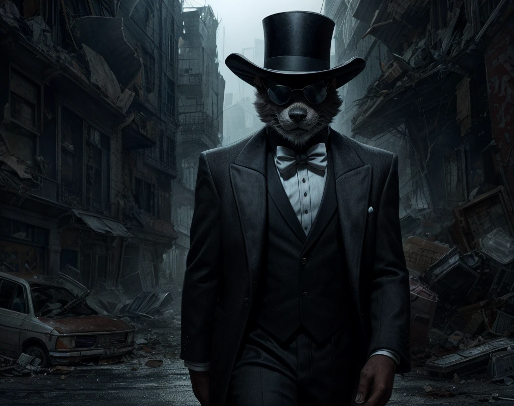  man in an elegant 80s suit who can't see his face in the dark wearing a top hat while walking through a destroyed city, The environment has shades of gray but the man maintains a quiet smile 