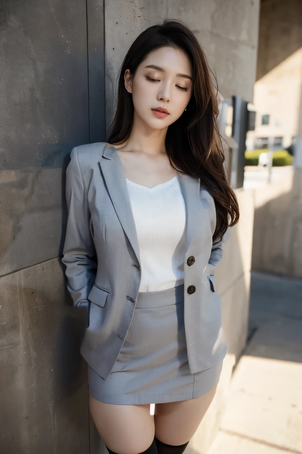 Gray business suit、 miniskirt