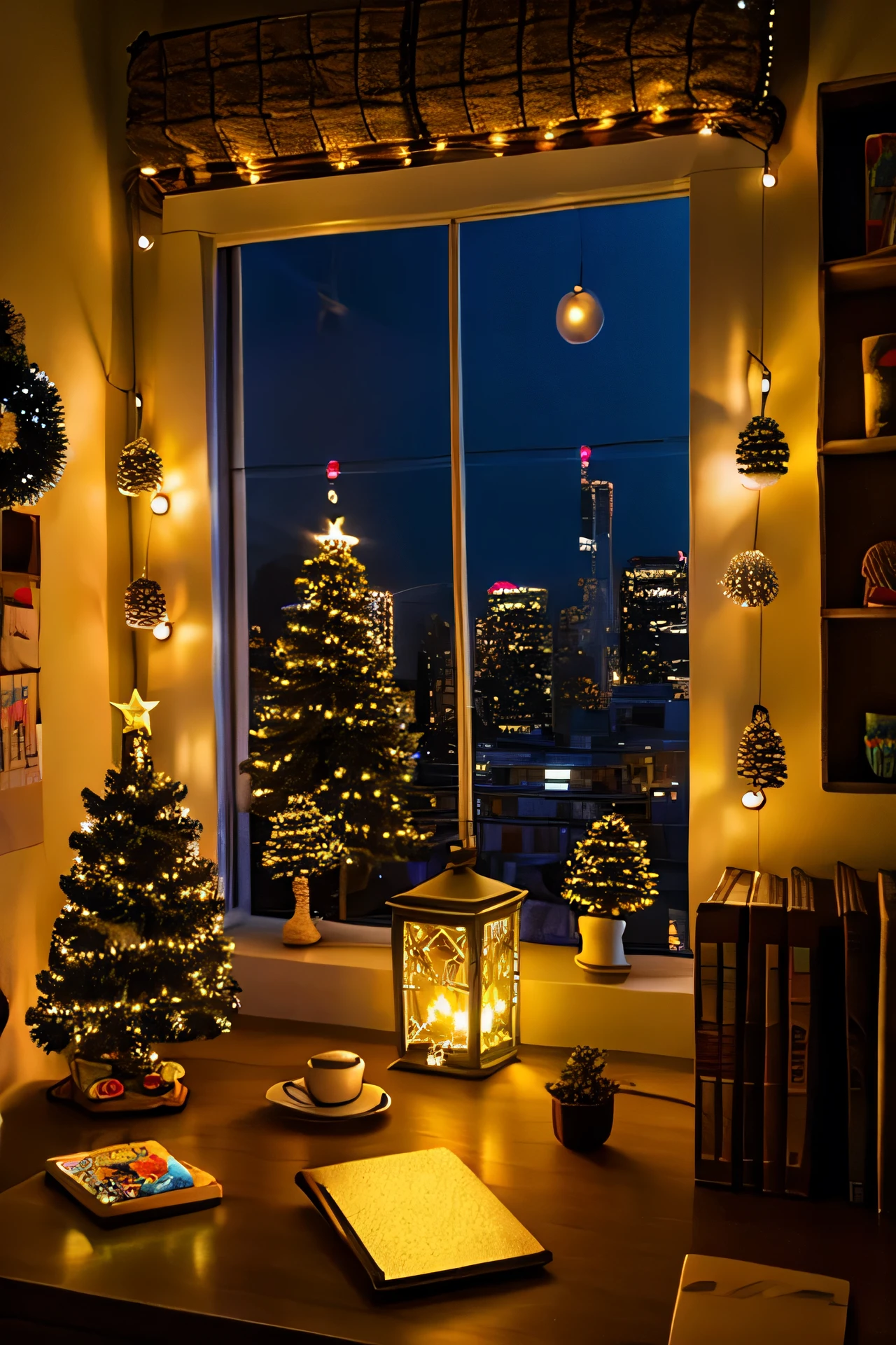 a desk, christmas ornaments, a crochet plush, yellow vintage light, window at night with a city and lights