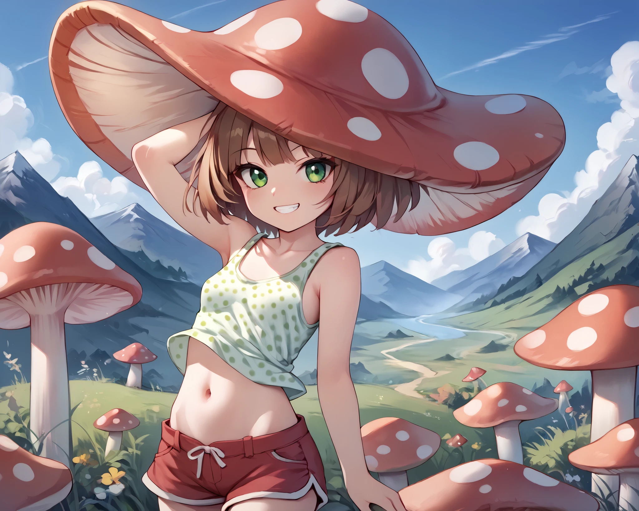 score_9_up, score_8_up, score_7_up, 1girl, solo, source_anime, zzMushroomGirl BREAK 

Short hair, brown hair BREAK mushroom hat, monster girl, green eyes, red hat with white polka dots BREAK small breasts BREAK 

White tank top, navel, red shorts BREAK 

Standing, looking at viewer, smile, closed mouth, teeth BREAK 

Outdoors, mountains, background sky, blue sky BREAK 