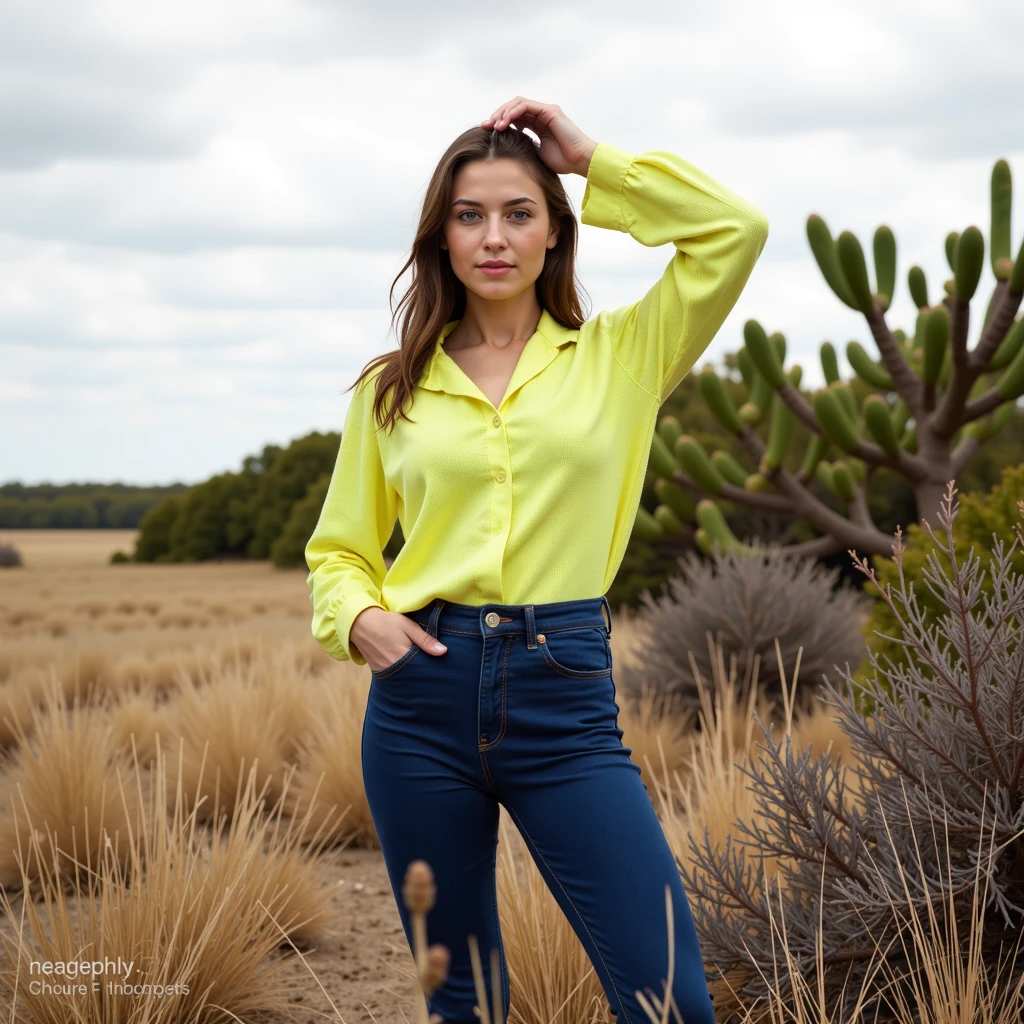 "Ultra-realistic photograph of a 19-year-old girl standing gracefully in a field of tall, dry grass, striking a confident pose with one arm extended upward and the other out to the side. She is wearing a vibrant yellow-green long-sleeved blouse with visible fabric texture and tight, dark blue jeans that contour her athletic build, highlighting her strong, thick legs. The surrounding field includes a mix of natural vegetation, with bushes and a large cactus-like plant adding visual contrast. The overcast sky above casts a soft, diffused light over the scene, creating gentle shadows and a melancholic, serene atmosphere. The earthy tones of the grass and plants contrast subtly with her bright outfit, making her the central focus in this natural, dynamic setting. Fine details, such as the texture of the grass, the stitching on her jeans, and the natural tones of her skin and hair, add depth and realism to the composition."