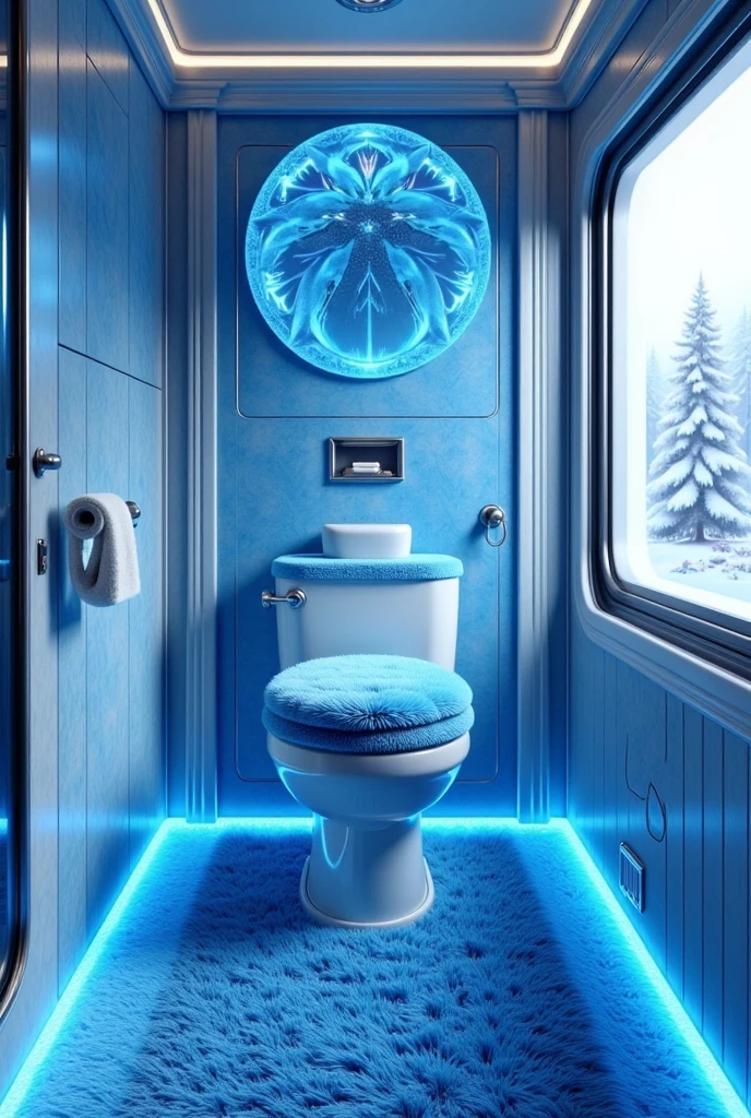  Inside the Frozen train there is a beautiful bathroom ,  with a blue toilet with a blue plush lid,  the floor is shiny plush blue  ,  everything in the bathroom is perfect , shower, bathtub,  Everything with details from Frozen , blue and white 