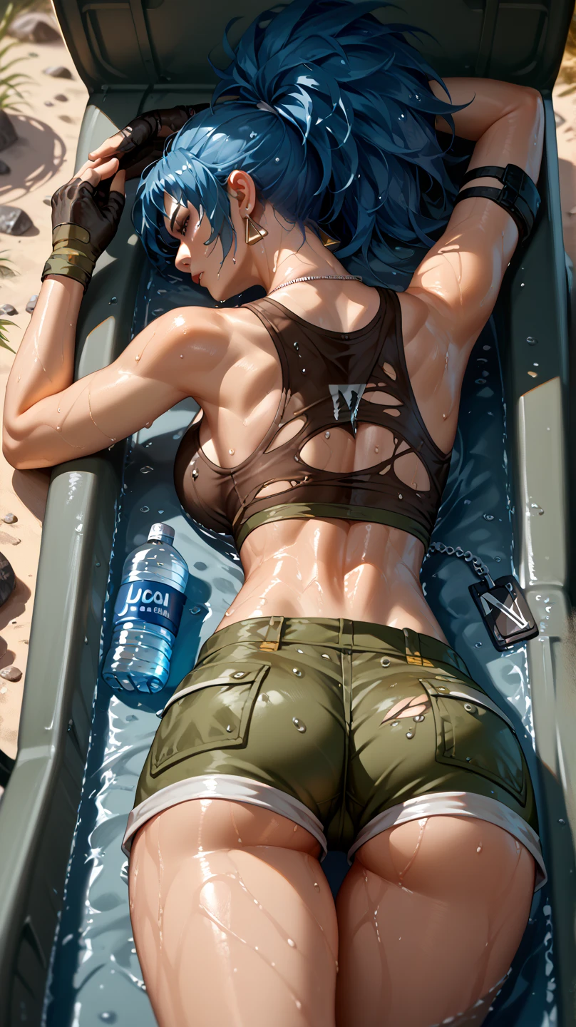 Sexy leona heidern,  Dark blue hair , triangle earrings, condog tags,  on a wasteland, pose sexy, lying in a jeep , sweating, in tight military shorts,  getting wet with a water bottle, damaged clothes, from behind,