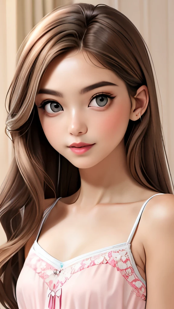 Girl, long light brown hair, gray eyes, cold features, white skin, pink lips, sheer dress and camisole.