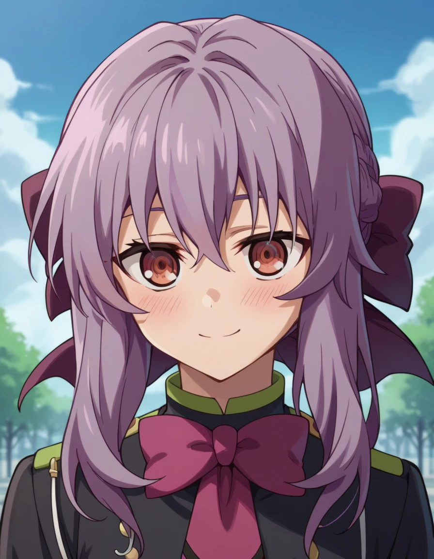 score_9, score_8_up, score_7_up, source_anime,Shinoa Hiiragi,upper body, looking at viewer, smile, blush, overgrown city, 