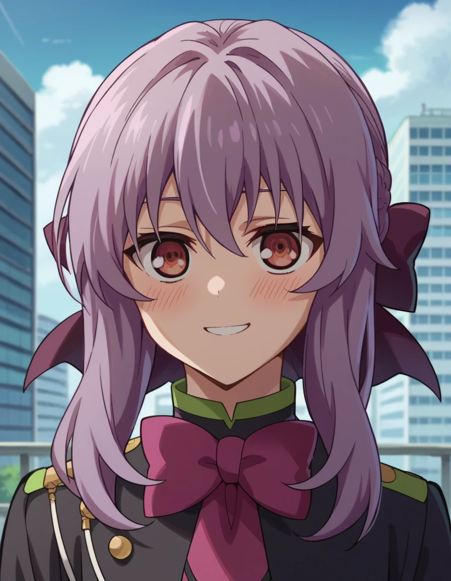 score_9, score_8_up, score_7_up, source_anime,Shinoa Hiiragi,upper body, looking at viewer, smile, blush, overgrown city, 